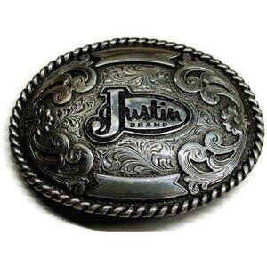 Justin Brand Western Floral Engraved Silver Belt Buckle With Rope Edge Design 4"